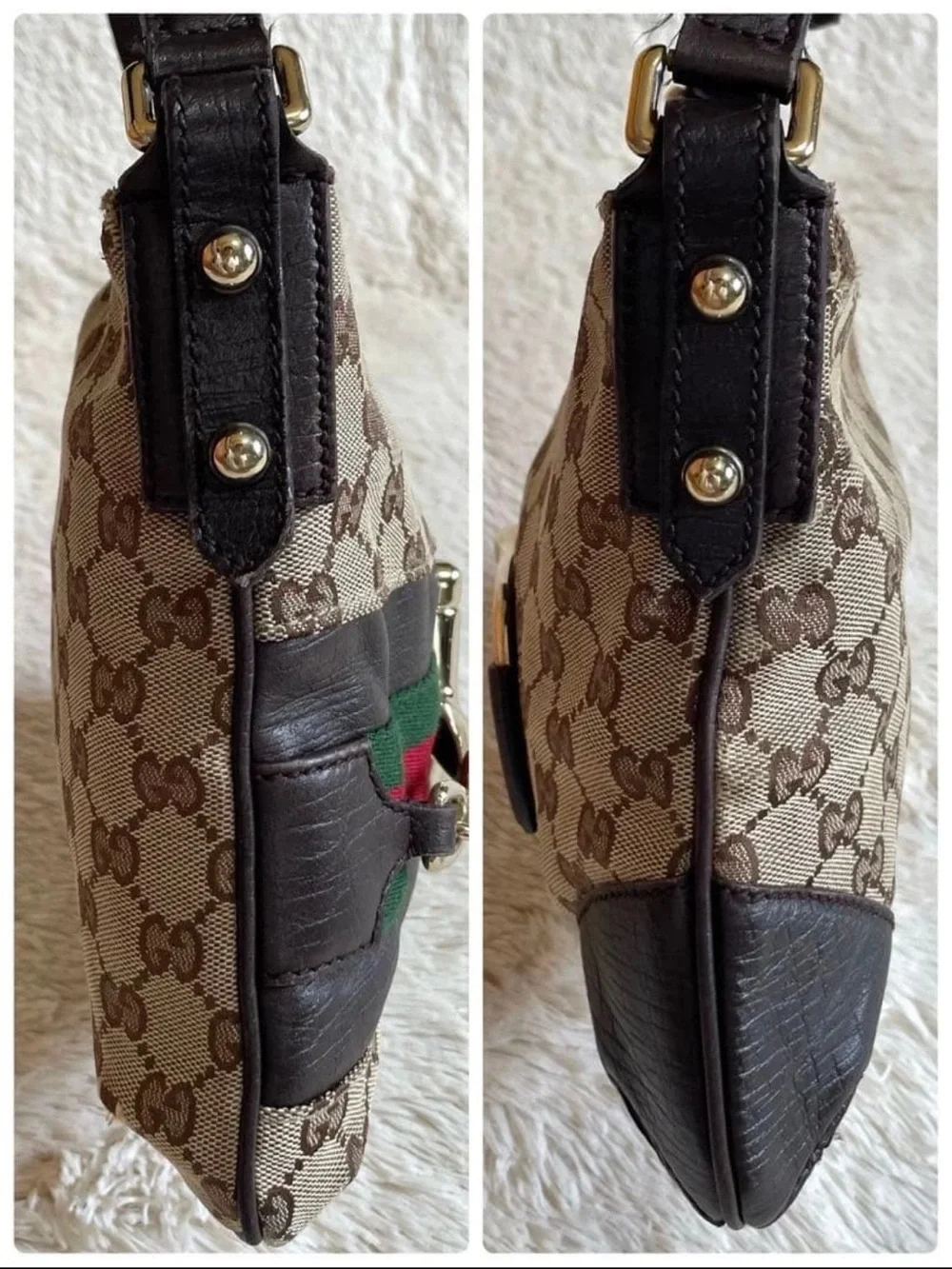 Gucci Brown GG Canvas Crossbody Bag with Red-Green Web and Gold Tone Hardware